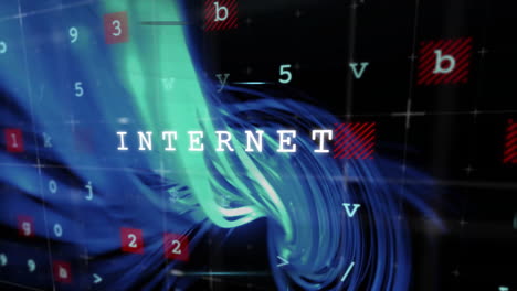 animación de texto de internet sobre formas azules giratorias y números rojos