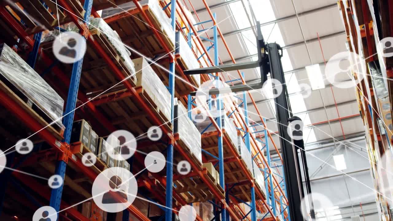 animación de la red de conexiones con iconos sobre el almacén