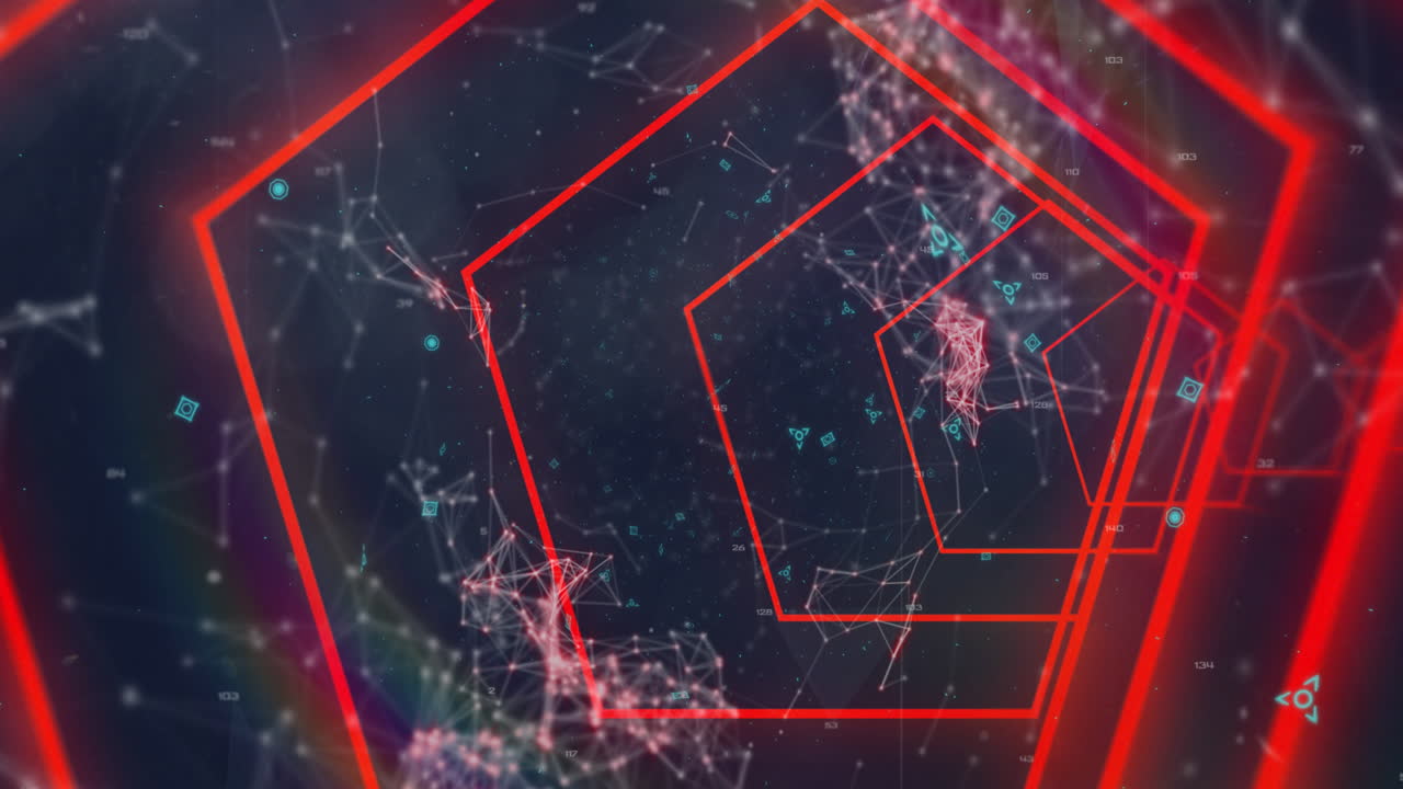 animación de formas geométricas de neón rojo sobre código qr y red de conexiones