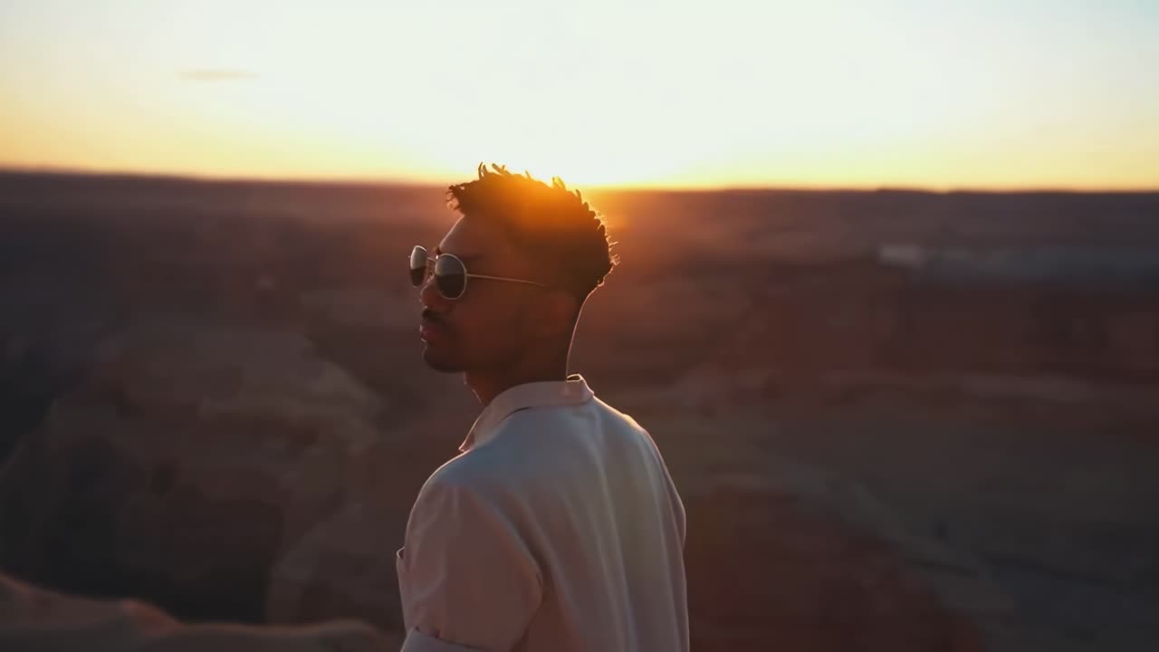 Close-up video of a stylish man holding sunglasses, shot from a low angle under a clear sky