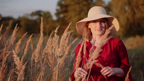 beautiful woman posing into camera and smile at golden sunset 68