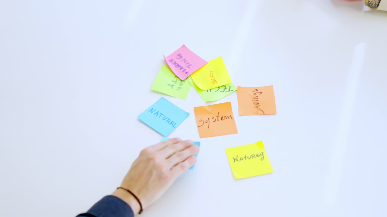 People using adhesive notes to write ideas on a table