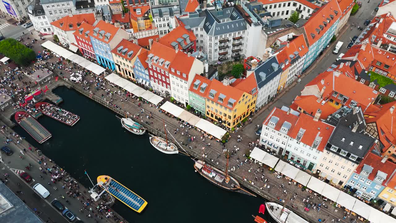 Aerial view of historic Nyhavn canal waterfront buildings, Copenhagen