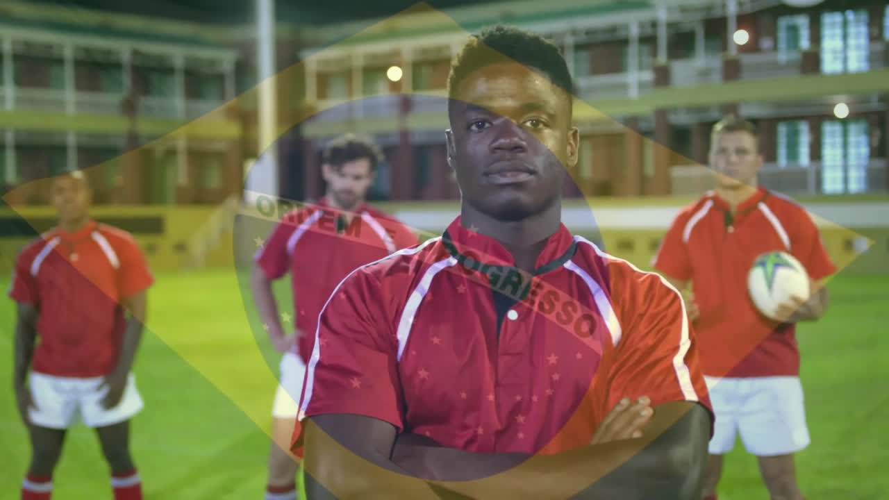 Animazione della bandiera del Brasile su diversi giocatori di rugby maschi con palla allo stadio
