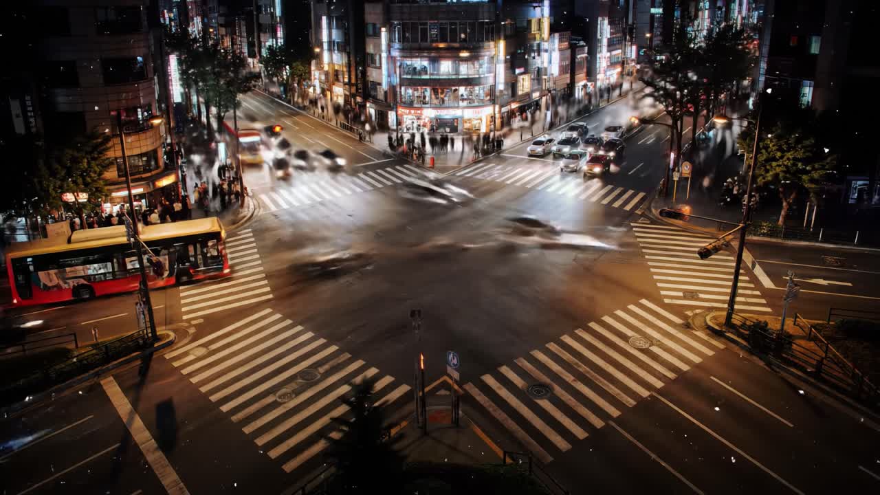 A Dynamic Night Scene of Urban Traffic Flow at a Busy Intersection Illuminated by City Lights, Capturing the Energy of City Life