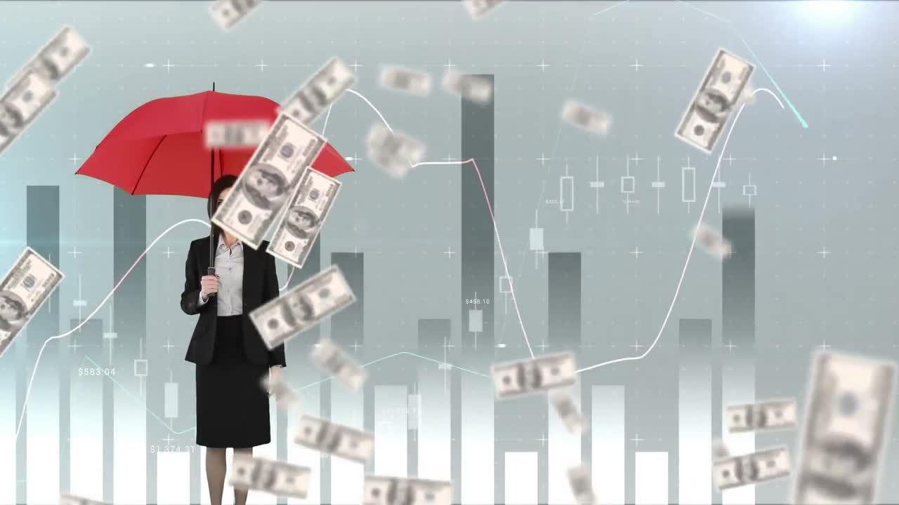 달러 가 내리는 동안 우산을 들고 있는 여자