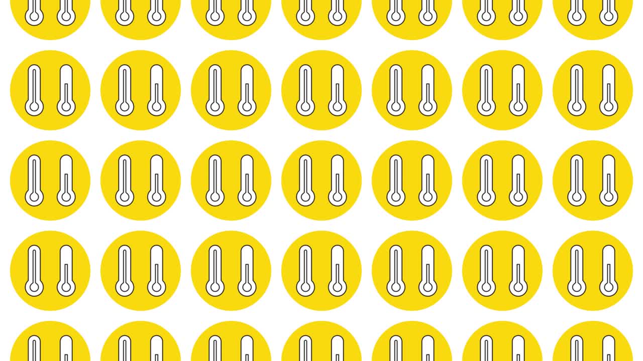 Thermometer icon in yellow circle with black dynamic line pattern on a white background. Seamless loop dynamic pattern with regular symbols rotating around