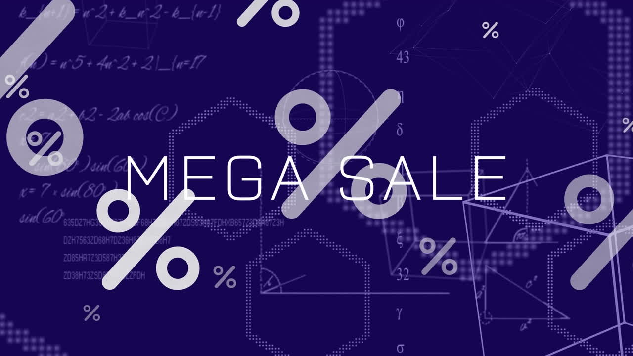 파란색 배경에 수학적 방정식과 모양에 대한 메가 판매 텍스트의 애니메이션