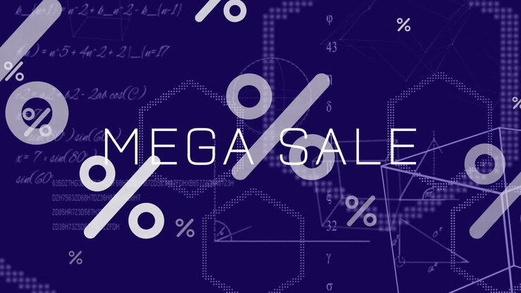 Animazione di testo "mega saldi" su equazioni matematiche e forme su sfondo blu