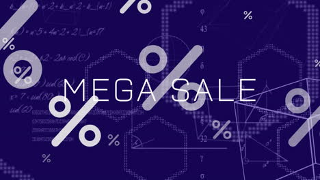 Animation-of-mega-sale-text-over-mathematical-equations-and-shapes-on-blue-background