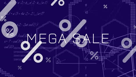 animation von mega sale-text über mathematischen gleichungen und formen auf blauem hintergrund