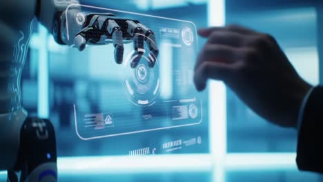 an intriguing interaction: a human hand engages with a robotic arm, displaying advanced technology and futuristic interfaces in a high-tech environment