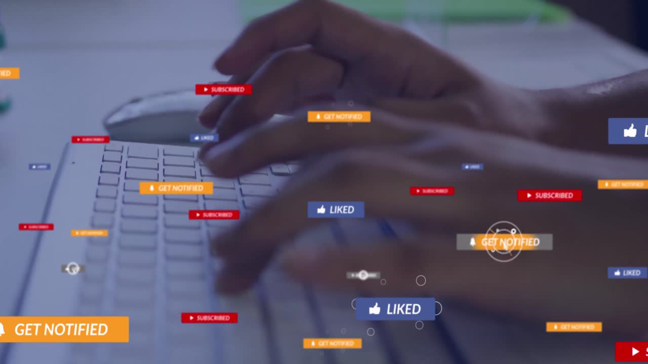 Animation of multiple social media icons against mid section of a person typing on keyboard