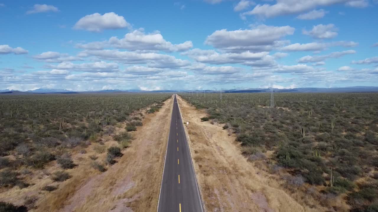 un largo camino recto que atraviesa el desierto de baja california sur, vista aérea