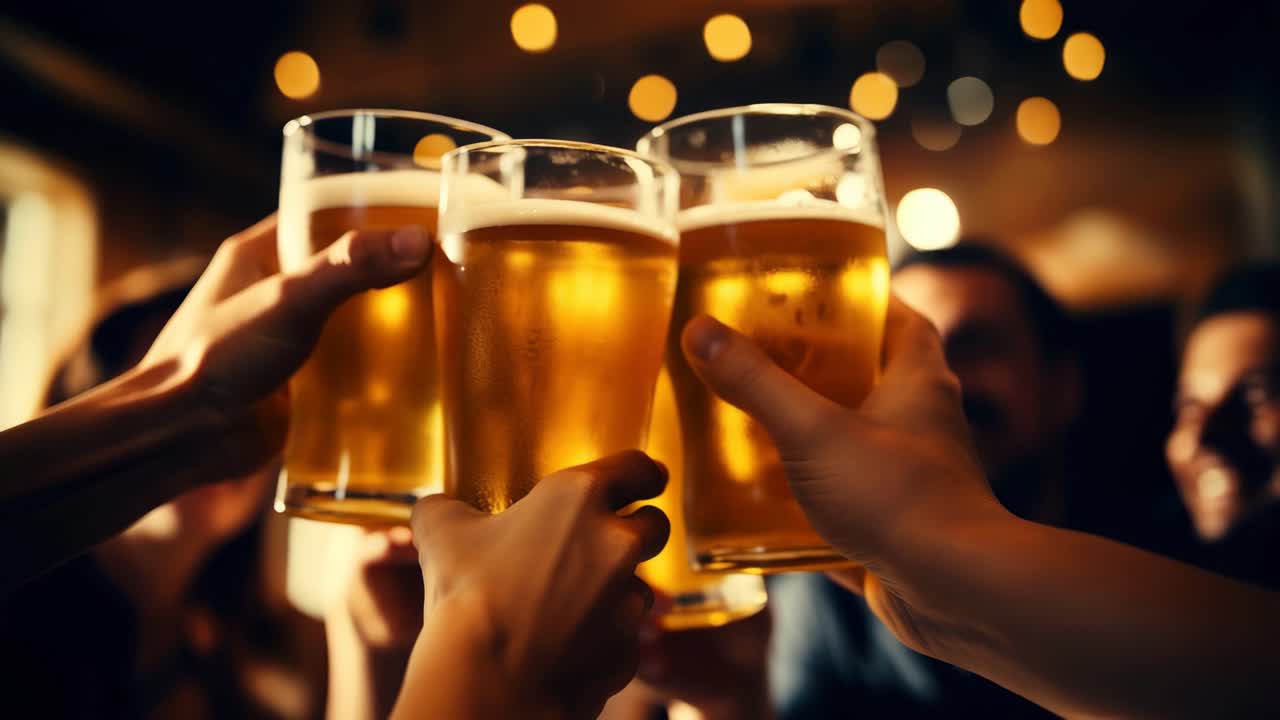 Brinda con gli amici ripreso in un vivace video. Inquadratura dal basso che mette in risalto il tintinnio dei bicchieri di birra