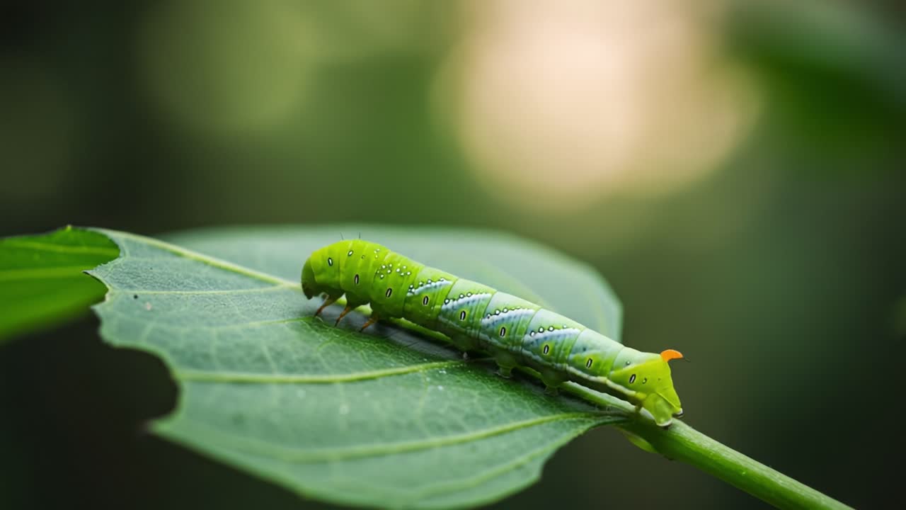 Close-Up of a Green Caterpillar Feeding on a Leaf, Showcasing Its Detailed Texture and Vibrant Colors, Perfect for Exploring Nature and Insect Life