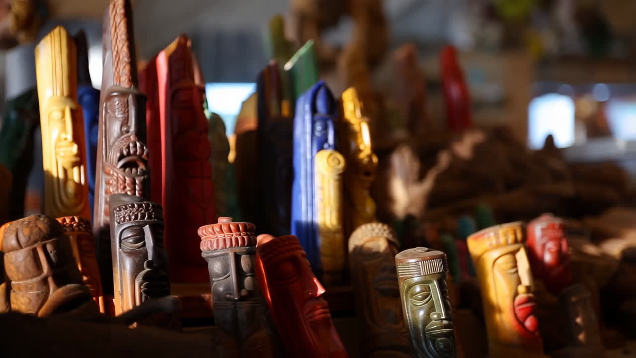Collection of colorful wooden carvings
