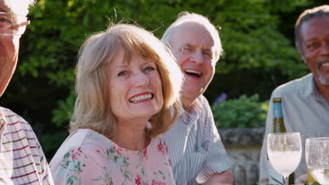 portrait of senior friends enjoying outdoor dinner party at home