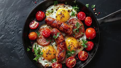 delicious breakfast of eggs, sausage and tomatoes in a cast iron skillet