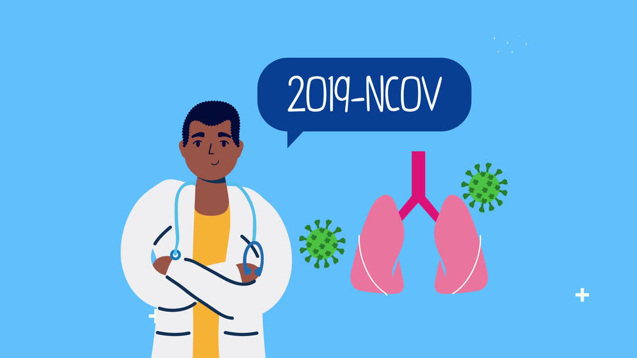 médico afro con partículas de covid-19 y pulmones