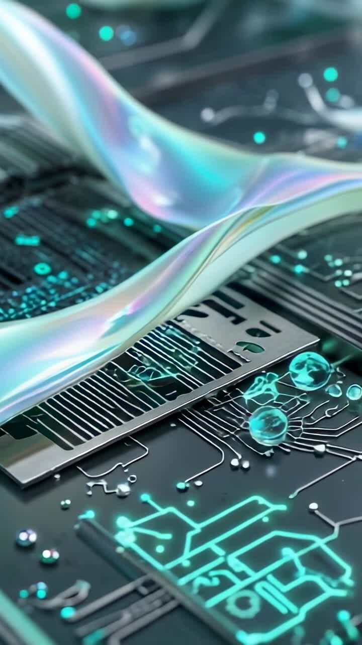 Vertical video: Emerging iridescent ribbon undulating over PCB near chip in lab, with neon traces