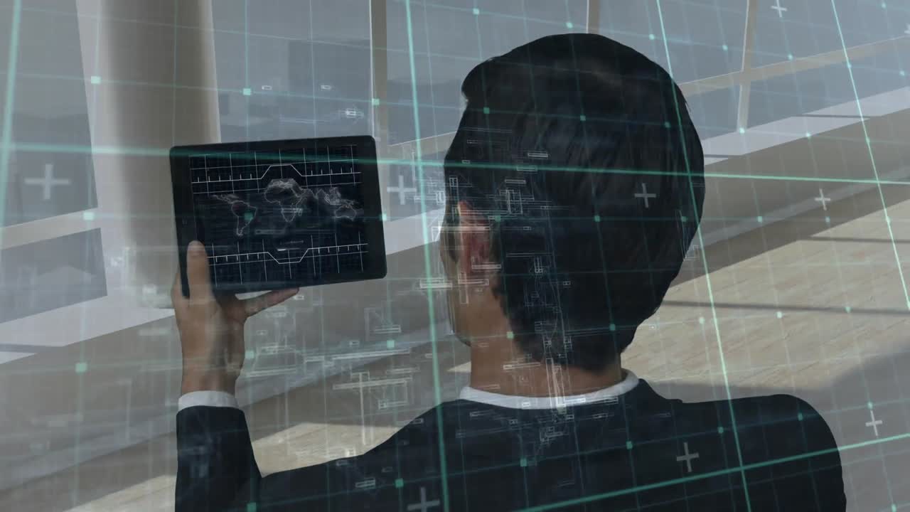 태블릿과 그리드를 사용하여 사업가에 대한 데이터 처리 애니메이션