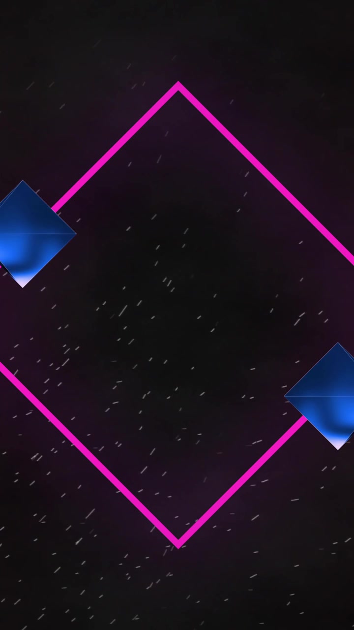 Neon pink diamond shape with blue pyramids and hexagonal grid animation