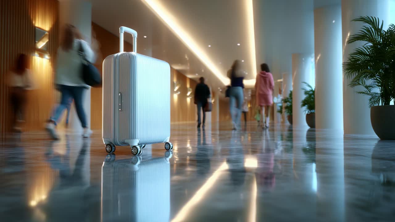 A sleek white suitcase stands prominently on a polished floor, catching reflections under ambient lighting as people walk by in a bustling hallway, epitomizing travel and exploration in a modern setting