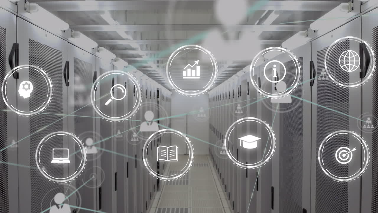 Animation of connections with icons over computer servers