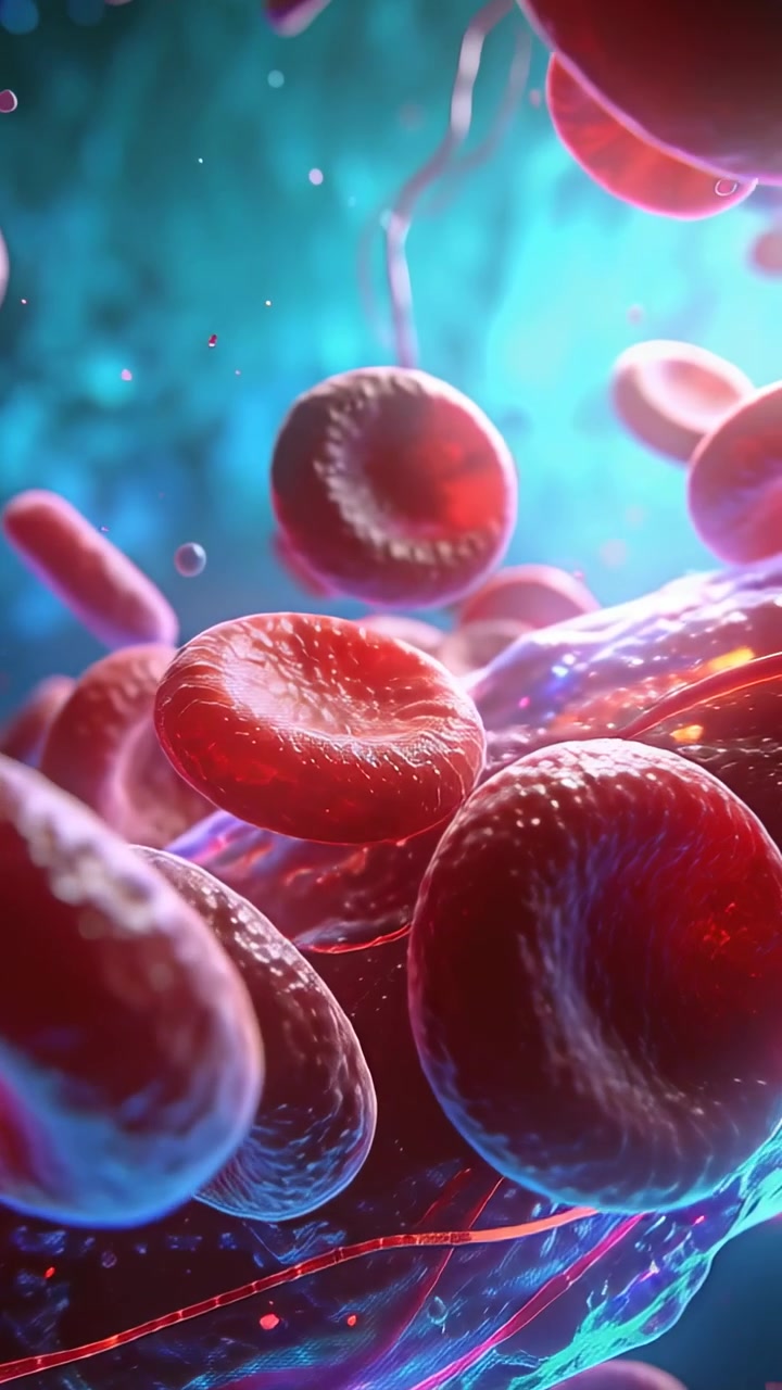 Vertical video: Pulsing flow pushing red blood cells flowing in vessel with droplets and filaments