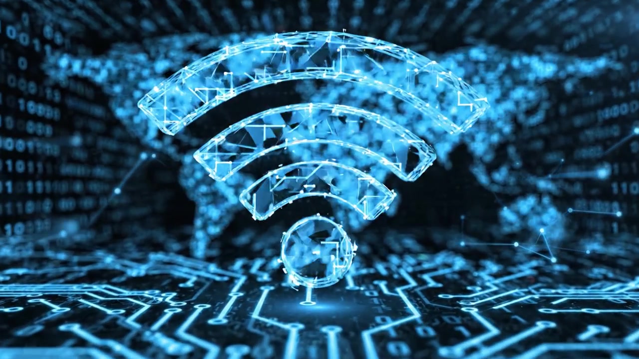 Udforskning af fremtidens forbindelse: En dynamisk visualisering af dataflow og trådløs kommunikation repræsenteret gennem digitale binære og symbolske ikoner.