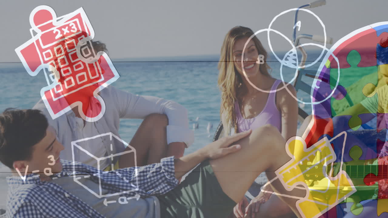 анимация красочных кусочков пазла и школьных предметов над счастливыми друзьями на летней пляжной вечеринке