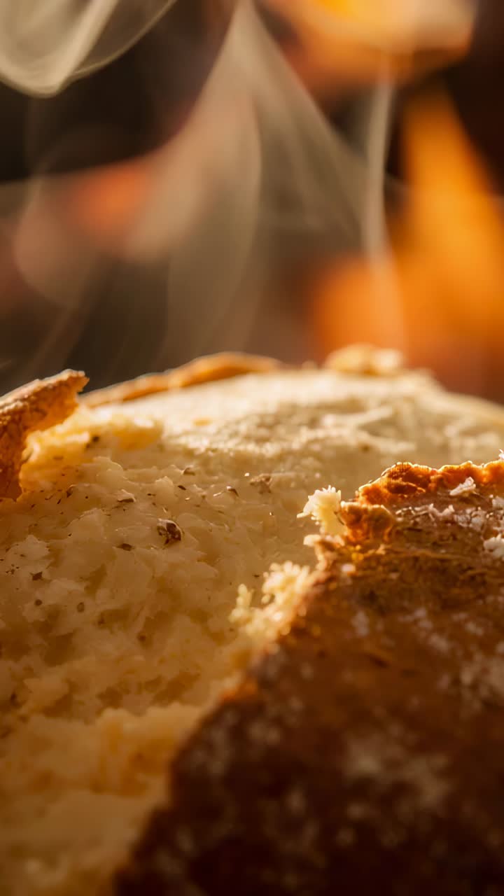 Vertical video: Showing fresh torn bread loaf emitting steam in kitchen with crumbs and warm lights