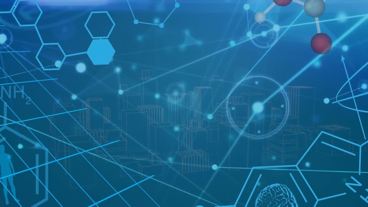 어두운 배경에 아이콘으로 데이터와 연결 네트워크의 애니메이션