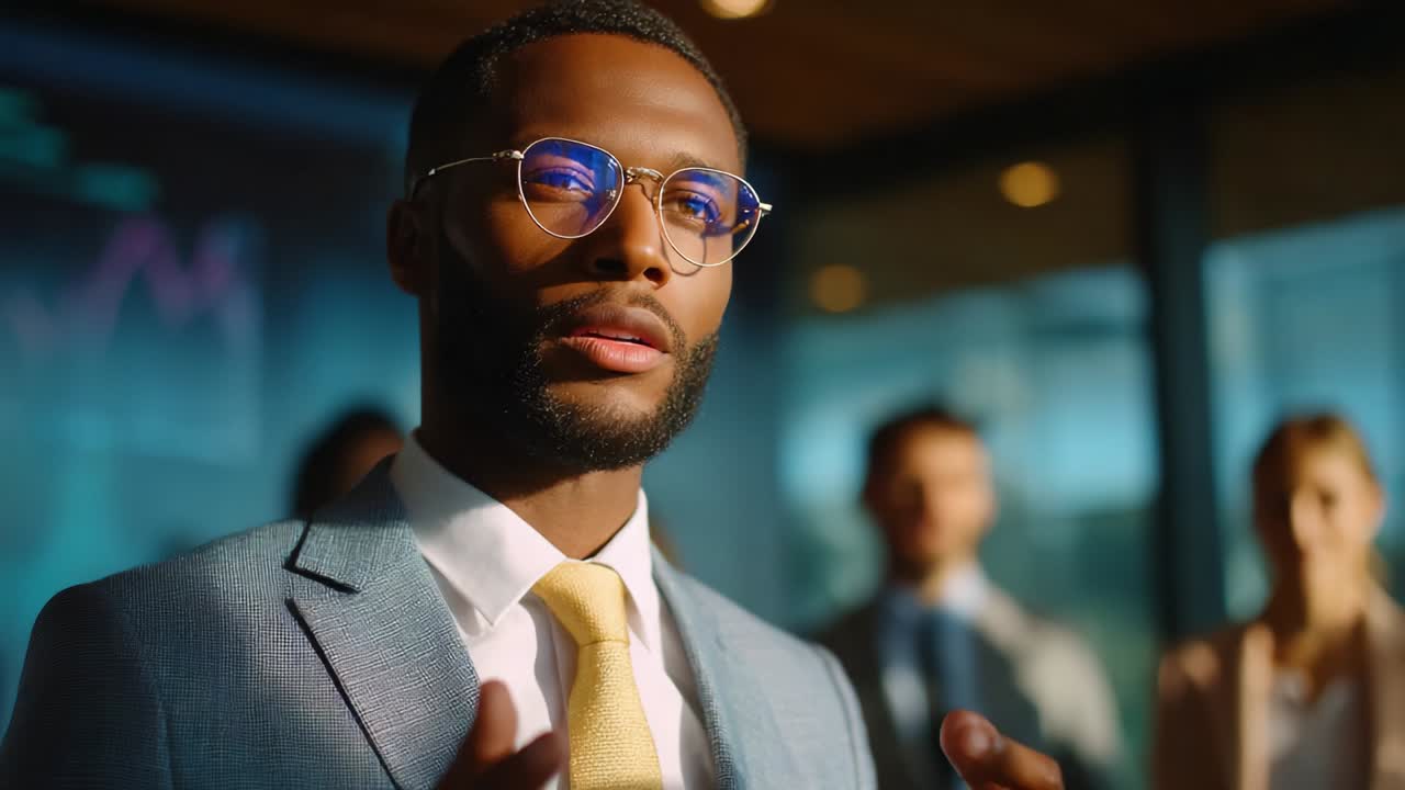 A confident businessman delivering an impactful presentation in a modern office setting, showcasing leadership qualities while engaging with an attentive audience, highlighting the importance of effective communication in corporate success