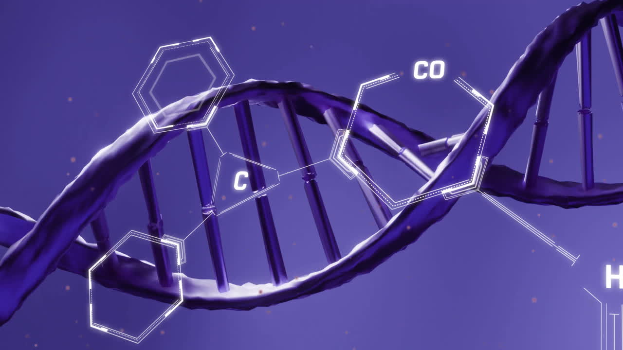 animación de la fórmula química y la cadena de adn en fondo azul