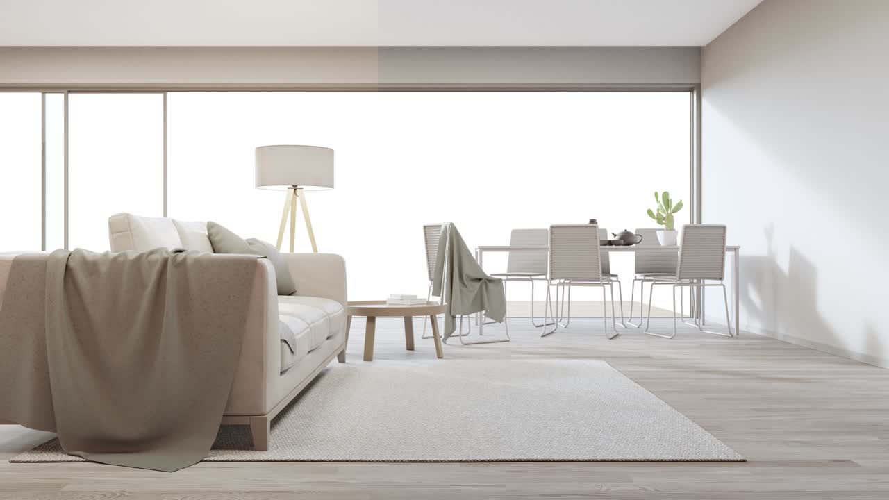 현대적인 집이나 럭셔리 빌라에서 tv에 대항하여 큰 거실과 소파 근처의 밝은 식당의 나무 바닥에 테이블.