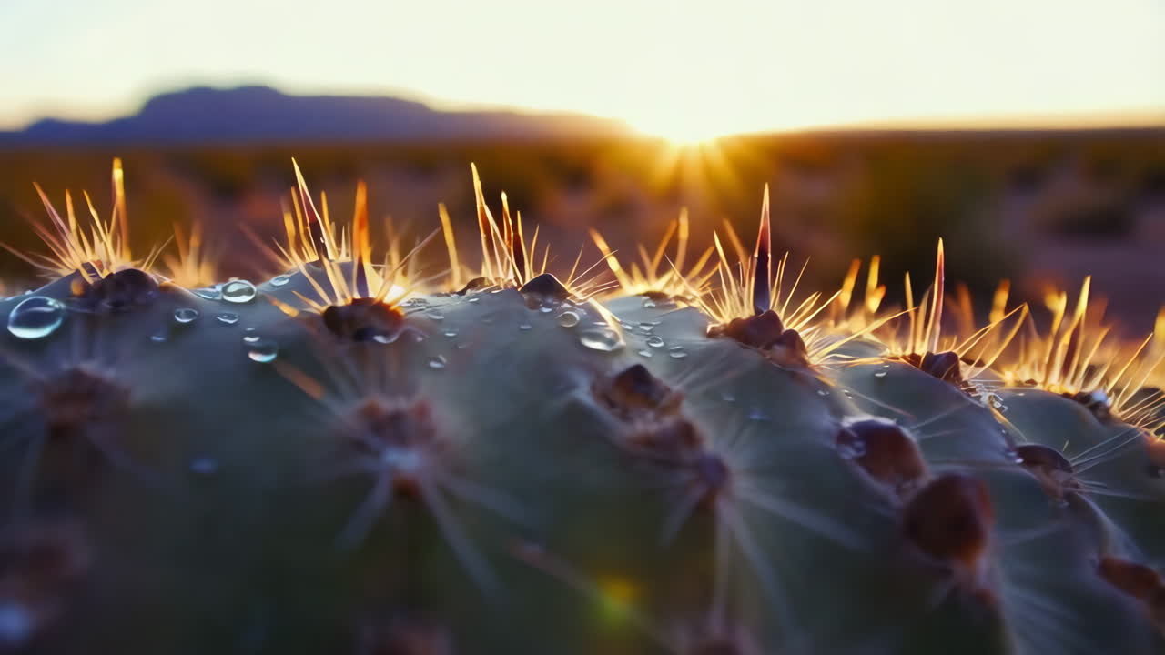 Close-up of Cactus Spines with Water Droplets at Sunset in the Desert