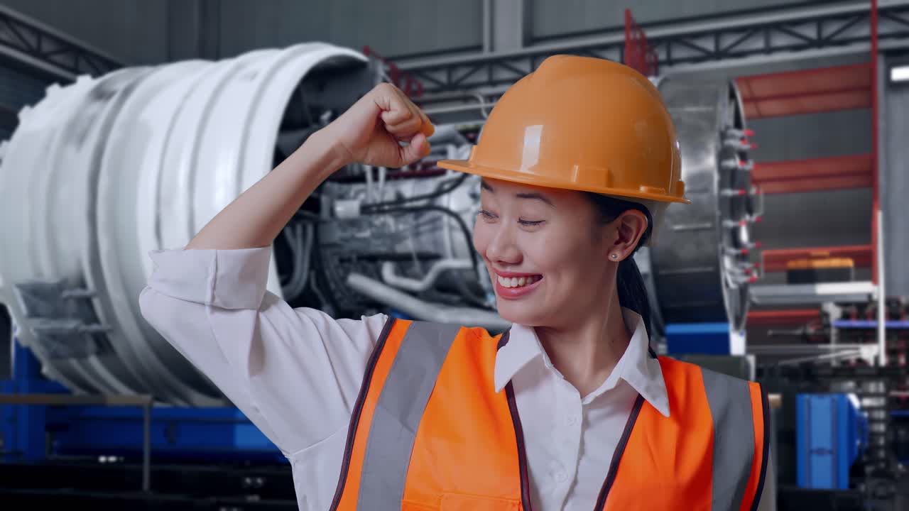 Close Up Of Asian Female Engineer With Safety Helmet Flexing Her Bicep And Smiling To Camera While Standing With Airplane Engine Maintenance Conducted
