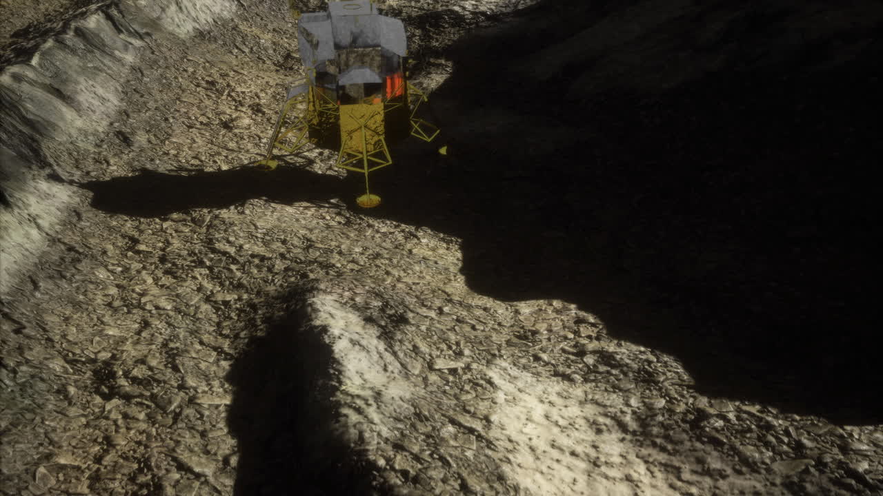 Il lander lunare esplora il terreno accidentato della luna durante una notte tranquilla