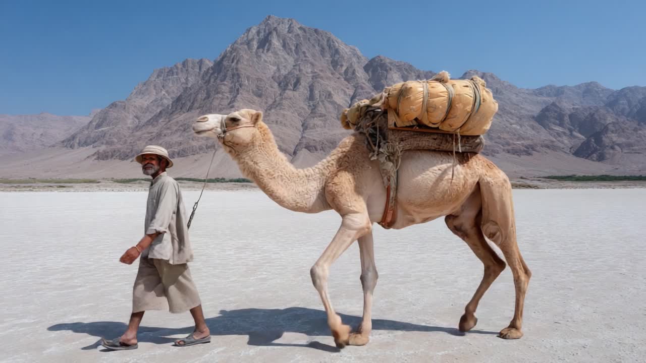 A solitary traveler strides alongside a laden camel, traversing a vast, arid landscape surrounded by majestic mountains under the clear blue sky