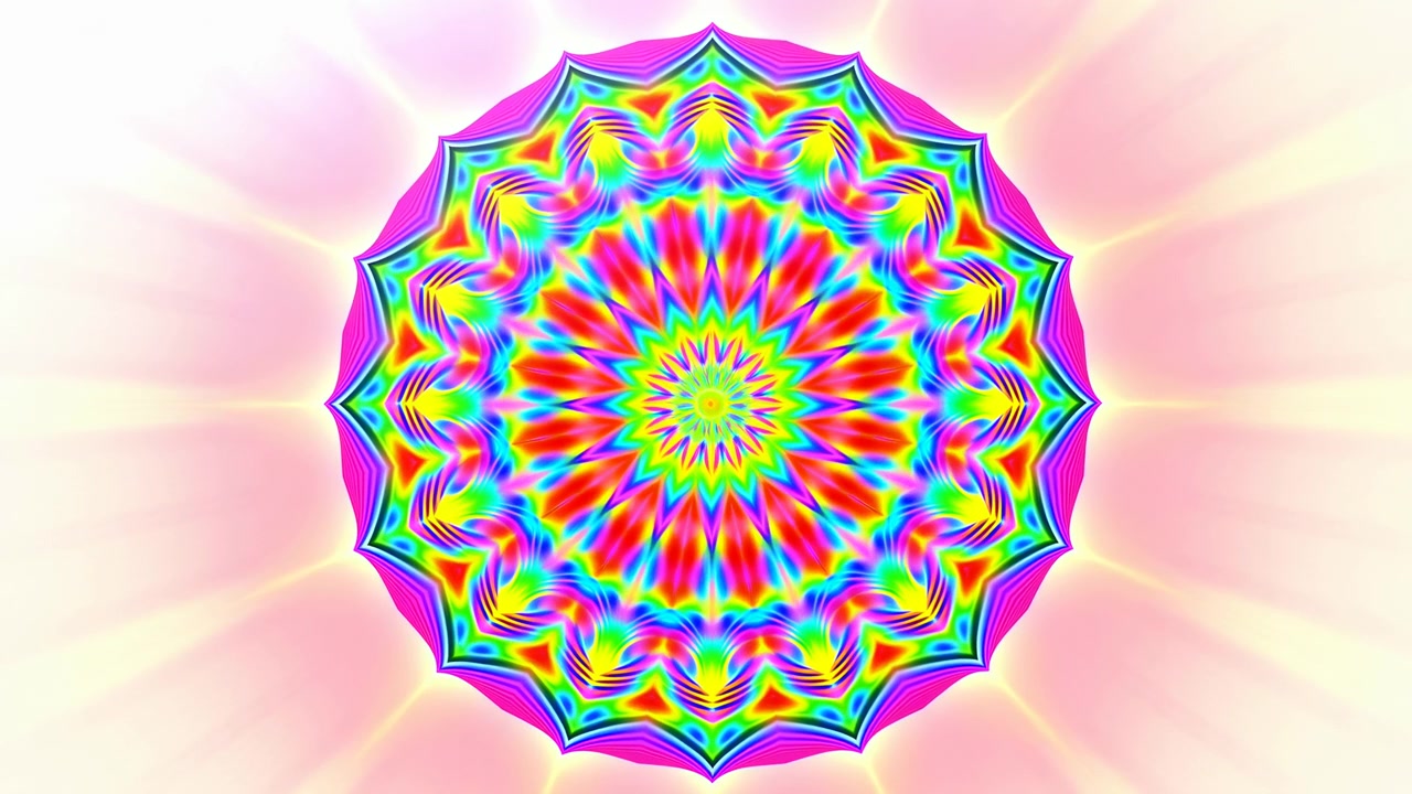 Mandala neon centrato che riempie l'intera visuale con anelli smerlati a strati, geometria di petali concentrici e sottili linee ornamentali, che sboccia attraverso bande di colore cangianti con un bagliore pastello radioso e intricato.