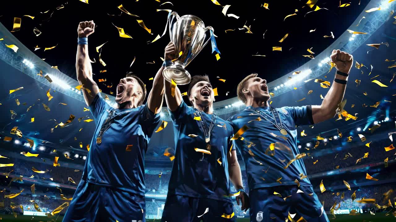 Low-angle video still of three jubilant soccer players holding a trophy, surrounded by confetti