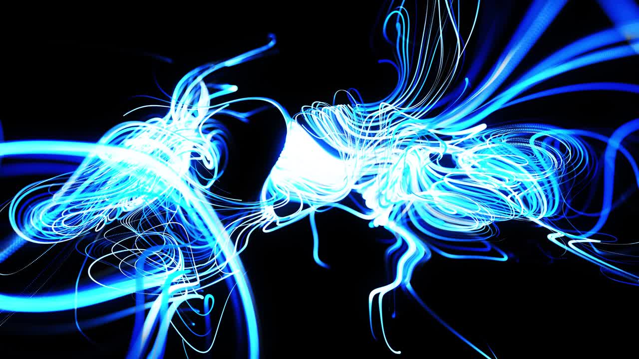 líneas rápidas de rayas de luz. flujo de partículas forma líneas azules rizadas como senderos de luz brillante, líneas forman patrón giratorio como ruido de rizado. animación 3d abstracta como brillante creativo festivo bg