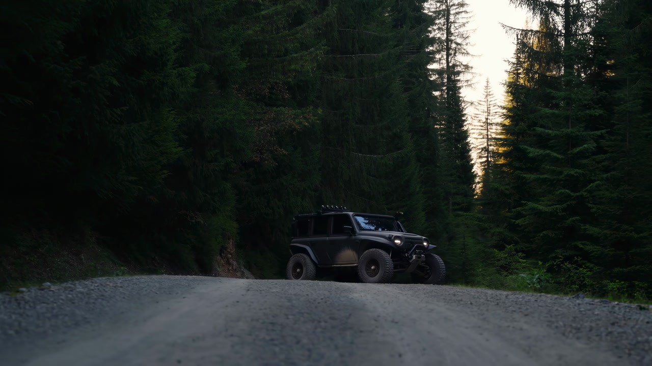 Suv On Gravel Road In Forest, Headlights Cutting Evening Gloom As Vehicle Emerges Between Tall Pine Trees,
