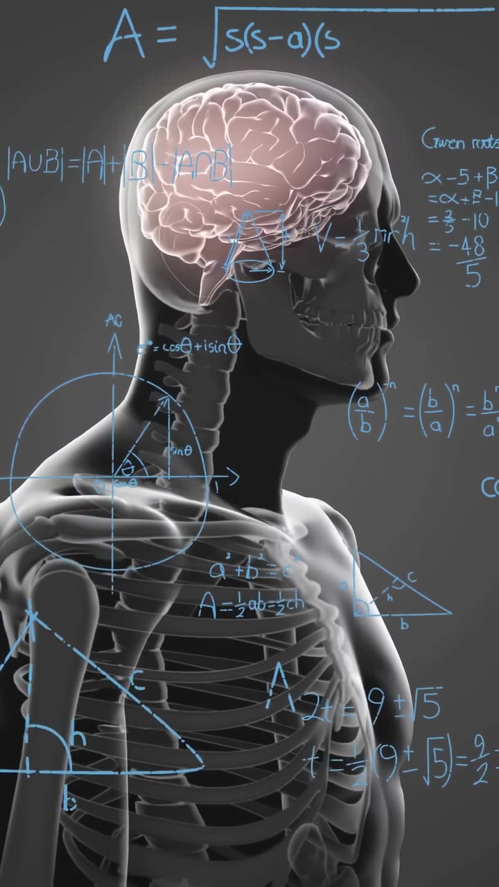 Vertical video: On start translucent model rotating right, revealing brain and spine for education