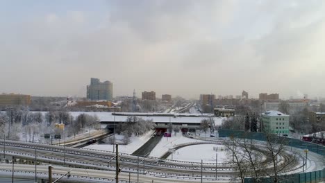 Aerial-view-of-a-freeway-intersection-Snow-covered-in-winter.