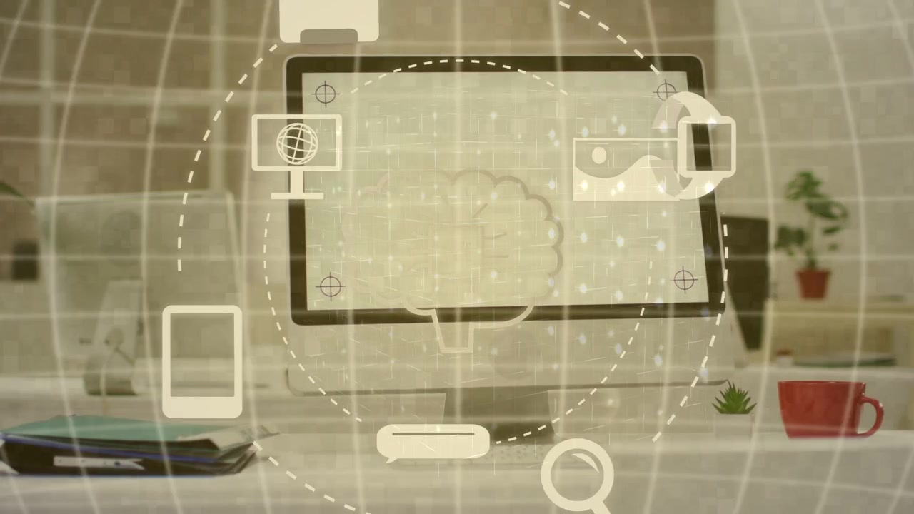 Grid appearing, cloud brain popping on monitor while icons orbiting ring to show network links
