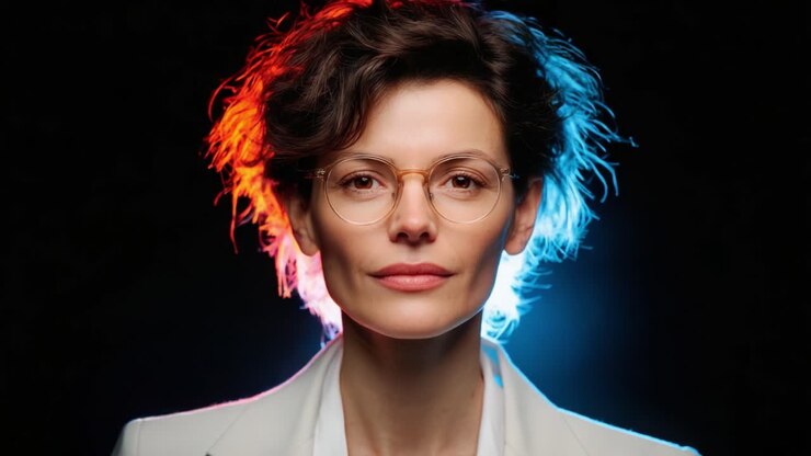 Ritratto accattivante di una donna sicura di sé con occhiali alla moda e un'acconciatura originale, illuminata da vivaci effetti di luce su uno sfondo scuro