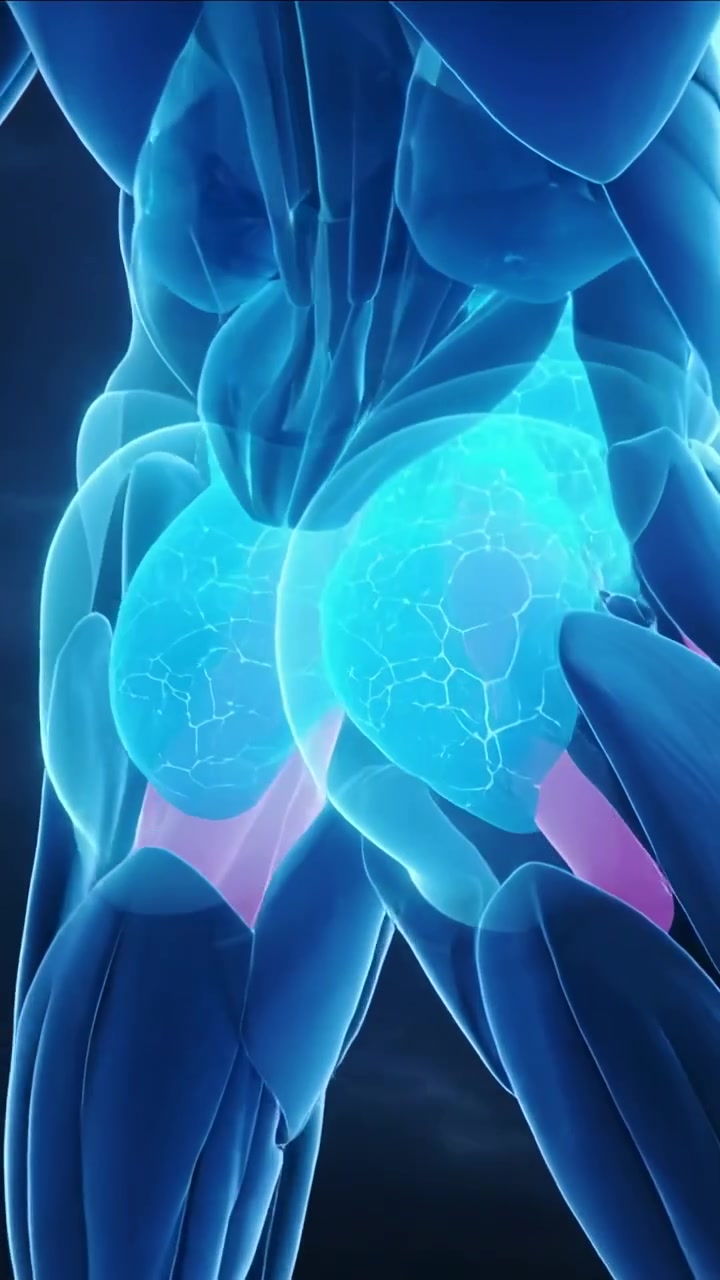 Vertical video: Orbiting camera revealing 3D model posterior view showing turquoise gluteal spheres